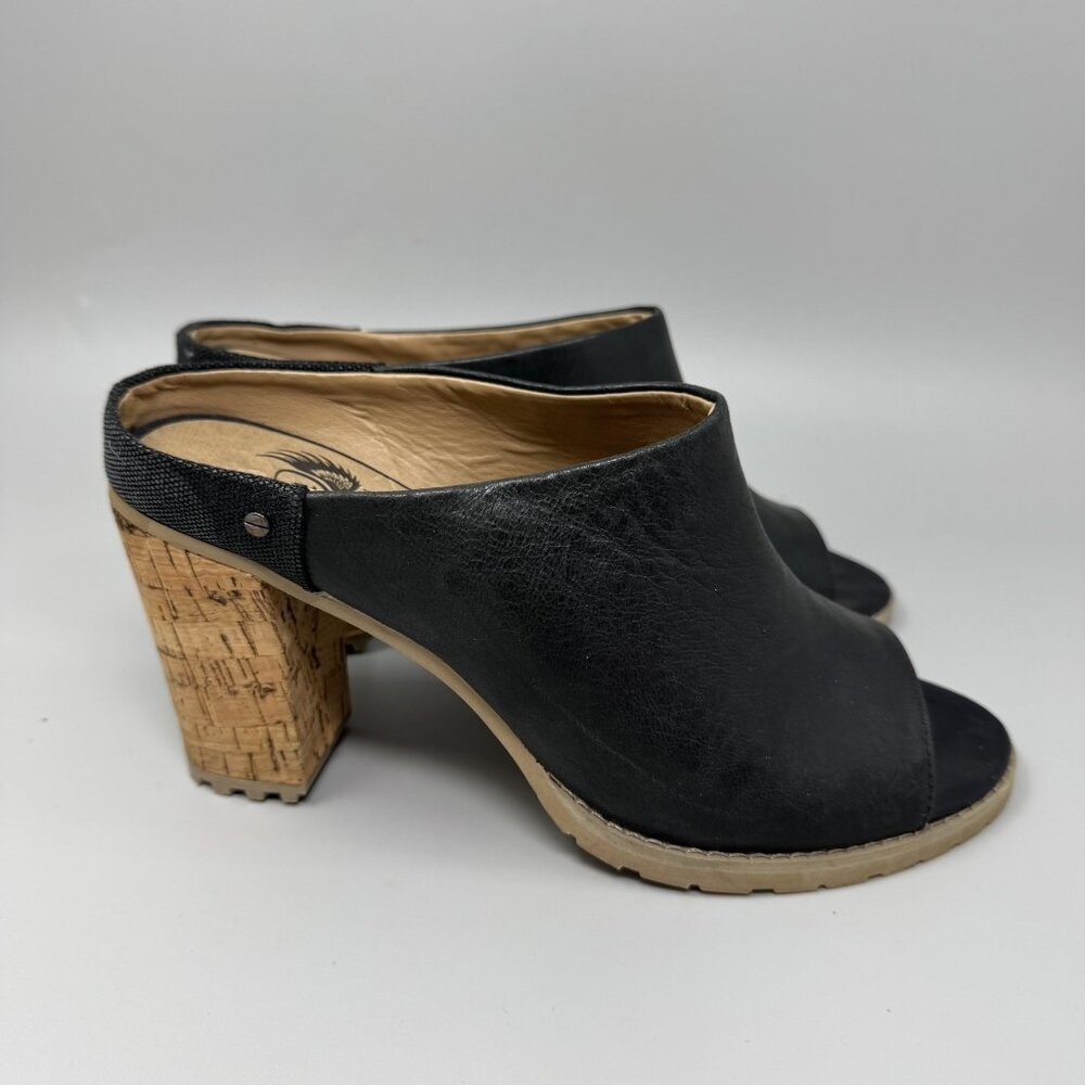 Von Cruiser Shoes Womens Size 8.5 Black Leather Cork Heel Open Toe Slide Sandal